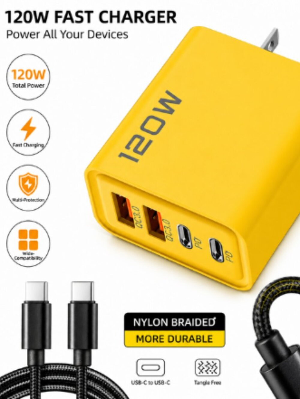 USB C Wall Charger + Braided Type-C Cable 4-Port Fast Charging 120W